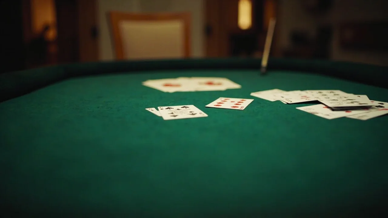 A neat row of 13 playing cards laid out on an ivory surface, with a small paper note tucked beside them