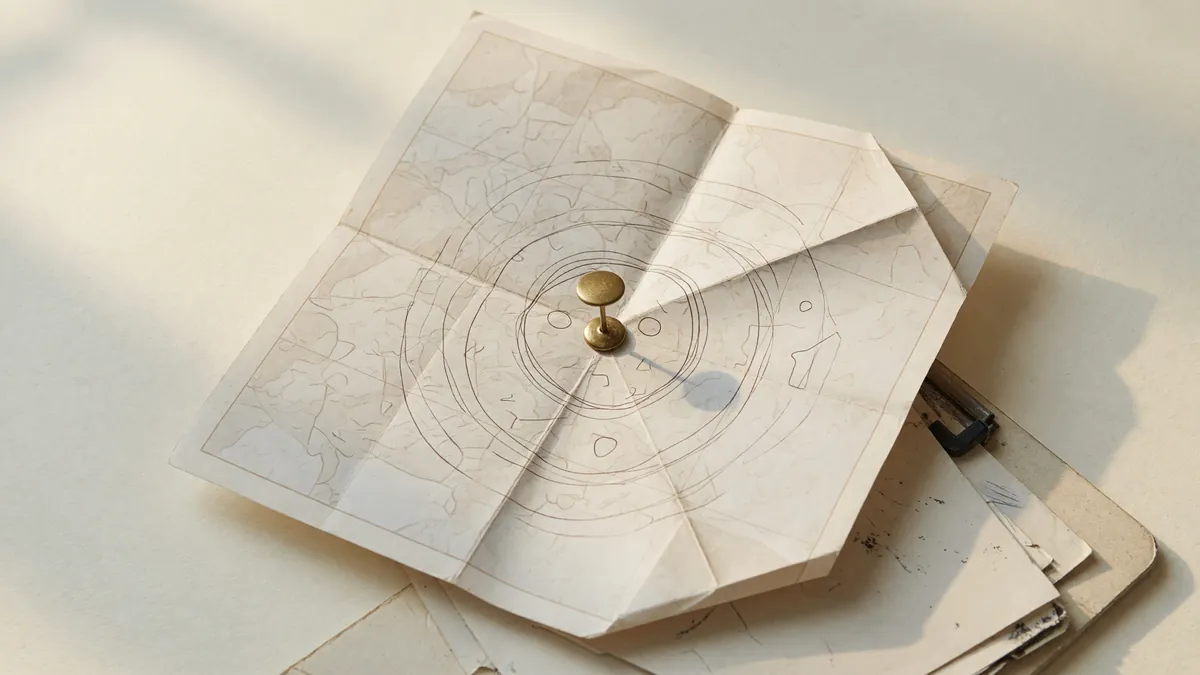 A folded paper map on a warm ivory surface with a small brass jurisdiction pin in the centre, suggesting state-by-state eligibility