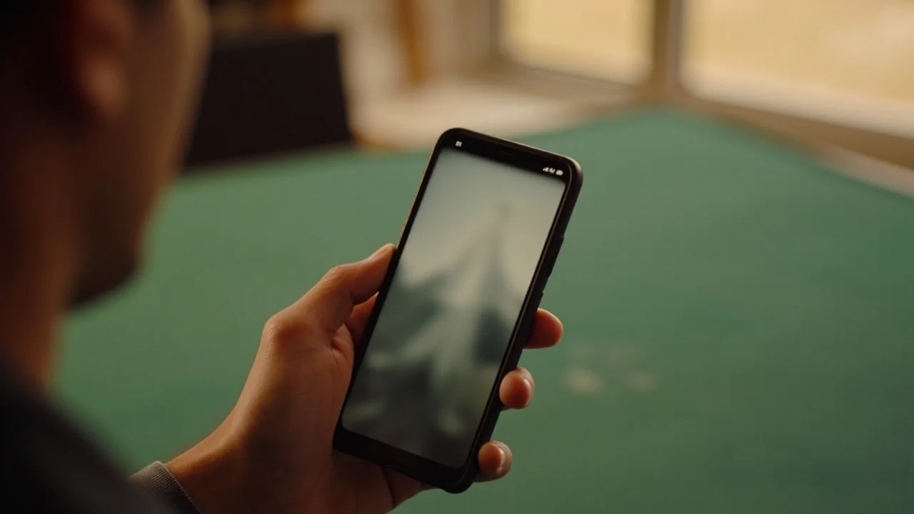 A mobile phone displaying a rummy lobby screen on a calm surface