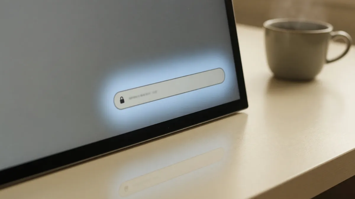 A laptop screen showing a browser address bar on a calm warm ivory desk