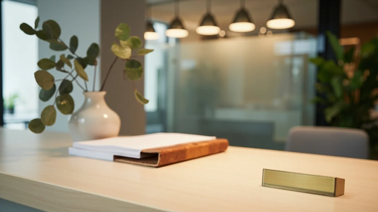 A neutral corporate-identity scene on a calm surface